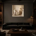 Warm Boucle Reading Corner Serene Neutral Bedroom Wall Art Canvas Print shown in a warm modern interior