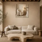 Warm Boucle Reading Corner Serene Neutral Bedroom Wall Art Canvas Print presented in a sophisticated home setting