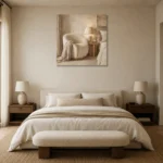 Warm Boucle Reading Corner Serene Neutral Bedroom Wall Art Canvas Print showcased in an elegant minimalist interior