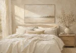 Quiet Horizon Bed Serene Neutral Bedroom Wall Art Canvas Print