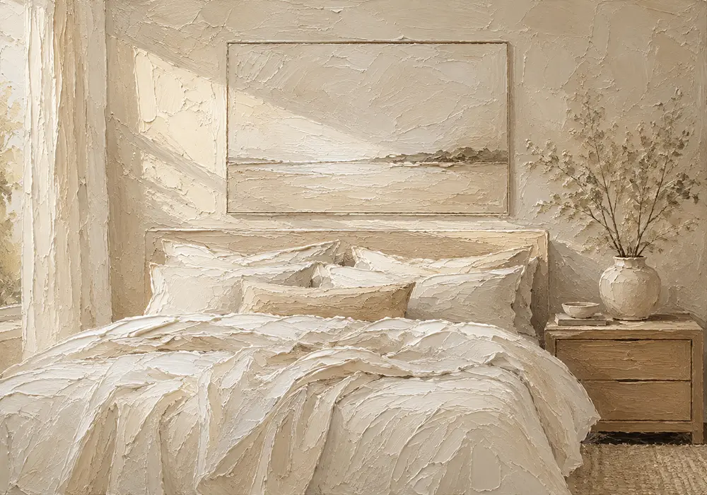 Quiet Horizon Bed Serene Neutral Bedroom Wall Art Canvas Print