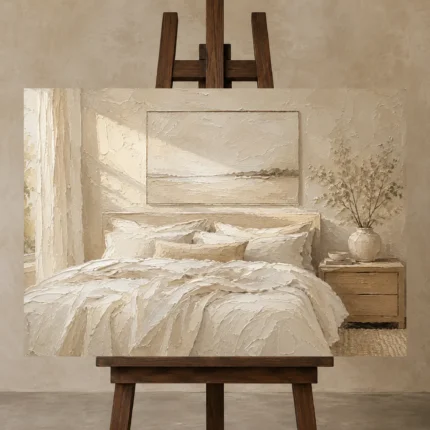 Quiet Horizon Bed Serene Neutral Bedroom Wall Art Canvas Print displayed on a studio easel