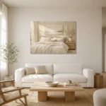 Quiet Horizon Bed Serene Neutral Bedroom Wall Art Canvas Print styled in a refined neutral interior