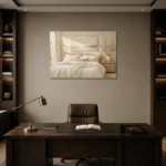 Quiet Horizon Bed Serene Neutral Bedroom Wall Art Canvas Print displayed in a contemporary gallery-inspired room