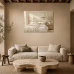 Quiet Horizon Bed Serene Neutral Bedroom Wall Art Canvas Print presented in a sophisticated home setting