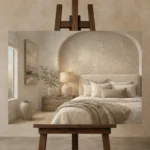 Arched Alcove Bedroom Serene Neutral Bedroom Wall Art Canvas Print displayed on a studio easel