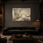 Arched Alcove Bedroom Serene Neutral Bedroom Wall Art Canvas Print shown in a warm modern interior