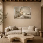 Arched Alcove Bedroom Serene Neutral Bedroom Wall Art Canvas Print presented in a sophisticated home setting