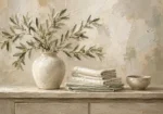 Olive Branch Linen Still Life Serene Neutral Bedroom Wall Art Canvas Print