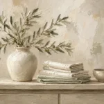 Olive Branch Linen Still Life Serene Neutral Bedroom Wall Art Canvas Print