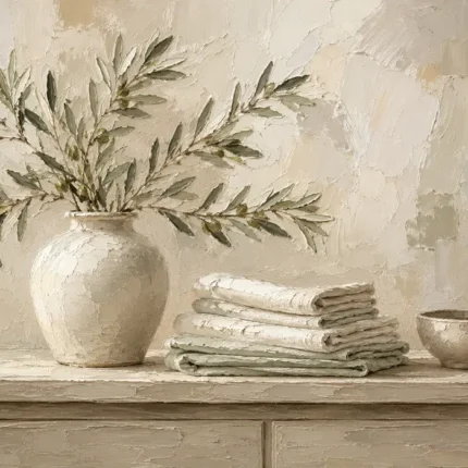 Olive Branch Linen Still Life Serene Neutral Bedroom Wall Art Canvas Print