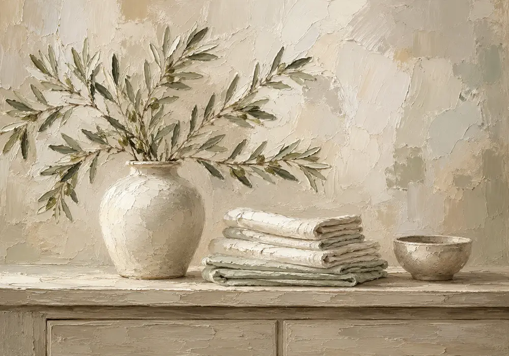 Olive Branch Linen Still Life Serene Neutral Bedroom Wall Art Canvas Print