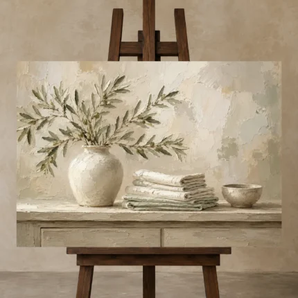 Olive Branch Linen Still Life Serene Neutral Bedroom Wall Art Canvas Print displayed on a studio easel