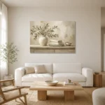 Olive Branch Linen Still Life Serene Neutral Bedroom Wall Art Canvas Print styled in a refined neutral interior