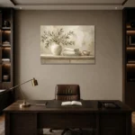 Olive Branch Linen Still Life Serene Neutral Bedroom Wall Art Canvas Print displayed in a contemporary gallery-inspired room