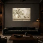 Olive Branch Linen Still Life Serene Neutral Bedroom Wall Art Canvas Print shown in a warm modern interior