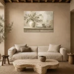 Olive Branch Linen Still Life Serene Neutral Bedroom Wall Art Canvas Print presented in a sophisticated home setting