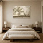 Olive Branch Linen Still Life Serene Neutral Bedroom Wall Art Canvas Print showcased in an elegant minimalist interior