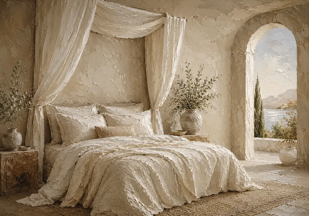 Canopy Sea View Serene Neutral Bedroom Wall Art Canvas Print