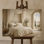 Canopy Sea View Serene Neutral Bedroom Wall Art Canvas Print displayed on a studio easel