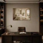 Canopy Sea View Serene Neutral Bedroom Wall Art Canvas Print displayed in a contemporary gallery-inspired room