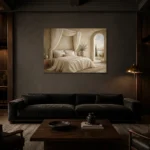 Canopy Sea View Serene Neutral Bedroom Wall Art Canvas Print shown in a warm modern interior