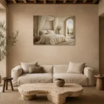 Canopy Sea View Serene Neutral Bedroom Wall Art Canvas Print presented in a sophisticated home setting