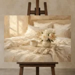 Morning Floral Tray Serene Neutral Bedroom Wall Art Canvas Print displayed on a studio easel