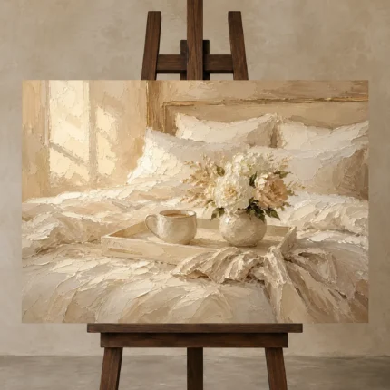 Morning Floral Tray Serene Neutral Bedroom Wall Art Canvas Print displayed on a studio easel