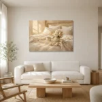 Morning Floral Tray Serene Neutral Bedroom Wall Art Canvas Print styled in a refined neutral interior