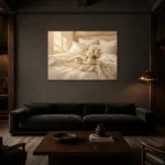 Morning Floral Tray Serene Neutral Bedroom Wall Art Canvas Print shown in a warm modern interior