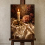 Candlelit Rose Romantic Bedroom Wall Art Canvas Print displayed on a studio easel