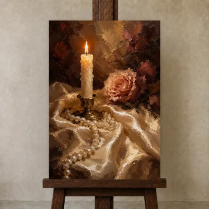 Candlelit Rose Romantic Bedroom Wall Art Canvas Print shown in Studio Easel