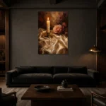 Candlelit Rose Romantic Bedroom Wall Art Canvas Print shown in a warm modern interior