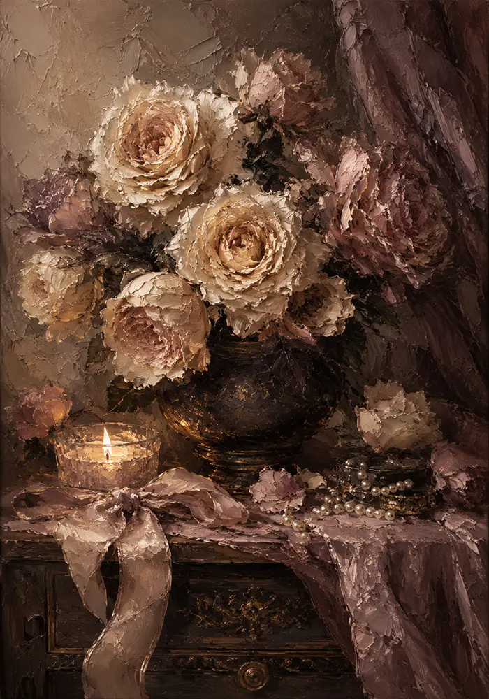 Candlelit Rose Bouquet Romantic Bedroom Wall Art Canvas Print