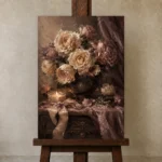 Candlelit Rose Bouquet Romantic Bedroom Wall Art Canvas Print displayed on a studio easel