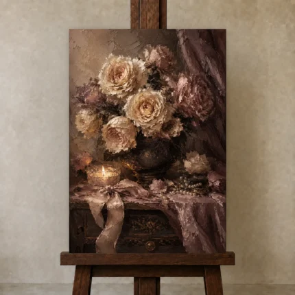 Candlelit Rose Bouquet Romantic Bedroom Wall Art Canvas Print shown in Studio Easel