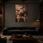 Candlelit Rose Bouquet Romantic Bedroom Wall Art Canvas Print shown in a warm modern interior