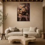Candlelit Rose Bouquet Romantic Bedroom Wall Art Canvas Print presented in a sophisticated home setting