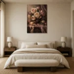 Candlelit Rose Bouquet Romantic Bedroom Wall Art Canvas Print showcased in an elegant minimalist interior
