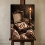 Pearl Earrings Romantic Bedroom Wall Art Canvas Print displayed on a studio easel