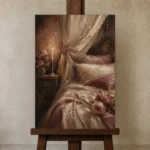 Candlelit Canopy Bed Romantic Bedroom Wall Art Canvas Print displayed on a studio easel