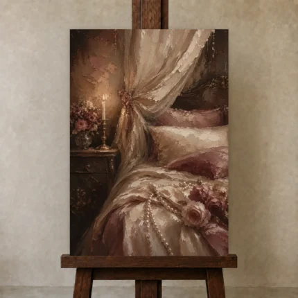 Candlelit Canopy Bed Romantic Bedroom Wall Art Canvas Print shown in Studio Easel