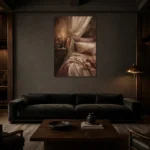 Candlelit Canopy Bed Romantic Bedroom Wall Art Canvas Print shown in a warm modern interior
