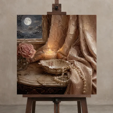 Moonlit Candle Romantic Bedroom Wall Art Canvas Print displayed on a studio easel