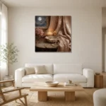 Moonlit Candle Romantic Bedroom Wall Art Canvas Print styled in a refined neutral interior