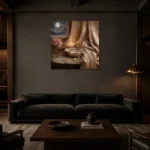 Moonlit Candle Romantic Bedroom Wall Art Canvas Print shown in a warm modern interior