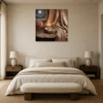 Moonlit Candle Romantic Bedroom Wall Art Canvas Print showcased in an elegant minimalist interior