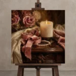 Blush Ribbon Romantic Bedroom Wall Art Canvas Print displayed on a studio easel