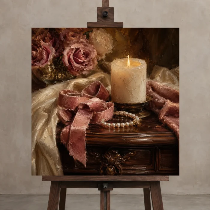 Blush Ribbon Romantic Bedroom Wall Art Canvas Print displayed on a studio easel